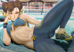 Rule 34 | 1girl, abs, alternate costume, boxing ring, breasts, brown hair, capcom, chun-li, double bun, gluteal fold, hair bun, hair ribbon, hand on own face, lying, medium breasts, midriff, navel, on side, pants, ribbon, shoes, short hair, sneakers, solo, stomach, street fighter, teemu taiga, thighs, toned, underboob, yoga pants