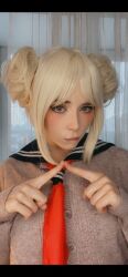 Rule 34 | 1girl, blonde hair, boku no hero academia, cosplay, looking at viewer, makeup, necktie, photo (medium), real life, school uniform, solo, source request, sweetie fox, toga himiko, toga himiko (cosplay)