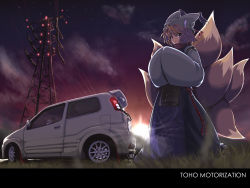 Rule 34 | 1girl, :&lt;, absurdres, blonde hair, brown eyes, car, cloud, contemporary, female focus, fox tail, grass, hands in opposite sleeves, hat, hayate-s, highres, motor vehicle, multiple tails, outdoors, power lines, short hair, solo, star (sky), sun, suzuki, suzuki (company), tail, touhou, vehicle, yakumo ran