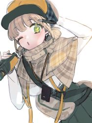 Rule 34 | + +, 1girl, :o, arm behind head, bag, binoculars, black skirt, blush, breasts, capelet, chi di mo, double bun, goddess of victory: nikke, green eyes, hair bun, hat, highres, holding, holding binoculars, light brown hair, long sleeves, looking at viewer, medium breasts, novel (nikke), one eye closed, parted lips, pen, pen behind ear, plaid, plaid capelet, shirt, simple background, skirt, solo, white background, white shirt