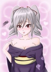 Rule 34 | 1girl, absurdres, bare shoulders, blush, breasts, bubble background, cleavage, collarbone, drill hair, hair ribbon, heart, heart background, highres, idolmaster, idolmaster cinderella girls, idolmaster cinderella girls starlight stage, japanese clothes, kanzaki ranko, kimono, long hair, long sleeves, looking at viewer, medium breasts, naaro ageha, obi, off shoulder, open mouth, pink background, purple kimono, red eyes, ribbon, sash, silver hair, smile, solo, standing, twin drills, twintails, upper body, wide sleeves