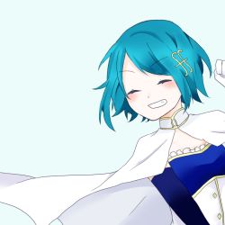 Rule 34 | 10s, 1girl, arms up, bad id, bad pixiv id, blue background, blue hair, blush, blush stickers, cape, closed eyes, elbow gloves, fortissimo, gloves, grin, hair ornament, hand up, happy, magical girl, mahou shoujo madoka magica, mahou shoujo madoka magica (anime), miki sayaka, musical note, musical note hair ornament, open mouth, short hair, simple background, smile, solo, umi (yuutaka), upper body, white gloves