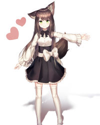 Rule 34 | 1girl, animal ear fluff, animal ears, black bow, black skirt, blush, bow, breasts, brown hair, closed mouth, commentary, dress shirt, fox ears, fox girl, fox tail, frilled skirt, frilled sleeves, frills, green eyes, hair ornament, hairclip, heart, high-waist skirt, highres, long hair, no shoes, original, outstretched arm, romaji commentary, shadow, shiro (acad1213), shirt, skirt, small breasts, smile, solo, standing, tail, thighhighs, very long hair, white background, white bow, white thighhighs