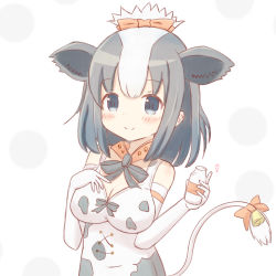 Rule 34 | 1girl, animal ear fluff, animal ears, animal print, bare shoulders, bell, blue eyes, blush, bottle, bow, breasts, cleavage, closed mouth, commentary request, cow ears, cow girl, cow print, cow tail, dress, elbow gloves, gloves, grey hair, hair bow, hands up, highres, holding, holding bottle, holstein friesian cattle (kemono friends), kemono friends, medium breasts, milk bottle, multicolored hair, orange bow, print dress, sleeveless, sleeveless dress, smile, solo, sunanuko (ramuneko), tail, tail bell, tail bow, tail ornament, two-tone hair, upper body, white background, white dress, white gloves
