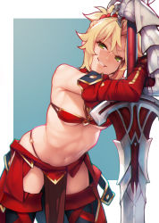 Rule 34 | 1girl, ataruman, blonde hair, braid, breasts, clarent (fate), cutoffs, fate/apocrypha, fate/grand order, fate (series), french braid, gauntlets, green eyes, hair ornament, hair scrunchie, higher resolution available, highres, micro shorts, mordred (fate), mordred (fate/apocrypha), navel, ponytail, red scrunchie, scrunchie, shorts, small breasts, smile, sword, weapon
