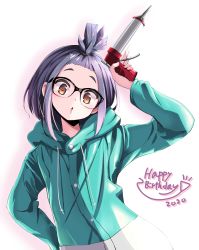 Rule 34 | 1girl, :o, absurdres, bangs pinned back, commentary, drop shadow, front ponytail, glasses, happy birthday, highres, holding, n2midori, oogaki chiaki, orange eyes, piping gun, purple hair, simple background, solo, yurucamp