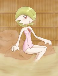 Rule 34 | 1girl, bare shoulders, blush, breasts, collarbone, creatures (company), female focus, game freak, gardevoir, gen 3 pokemon, green hair, hair over one eye, highres, kurozu (clarion), looking at viewer, nintendo, onsen, open mouth, partially submerged, pink towel, pokemon, pokemon (creature), pokemon rse, red eyes, rock, short hair, sitting, small breasts, solo, steam, towel, water