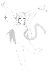 Rule 34 | 1girl, absurdres, animal ears, armpits, arms up, blush, commission, fang, greyscale, half-closed eyes, highres, kona ming, leg up, long hair, monochrome, navel, open hands, open mouth, original, pixiv commission, simple background, sketch, smile, solo, sparkle, tail, white background