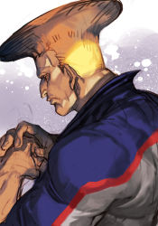 Rule 34 | 1boy, blonde hair, capcom, closed mouth, fist in hand, flattop, from behind, guile, hungry clicker, jacket, male focus, solo, street fighter, upper body