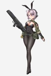 Rule 34 | 1girl, absurdres, animal ears, assault rifle, blue eyes, breasts, bullpup, caseless firearm, ceramic plate, cleavage, cleavage cutout, clothing cutout, collar, dog tags, fake animal ears, fake bunny ears, frown, glow sticks, gun, h&amp;k g11, headphones, heckler &amp; koch, high-capacity magazine, high heels, highres, horizontal magazine, leotard, looking at viewer, medium breasts, military, original, playboy bunny, prototype design, purple hair, rabbit ears, revealing clothes, rifle, short hair, simple background, solo, tray, weapon, white background