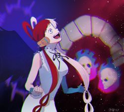 Rule 34 | 1girl, angel wings, artist request, aura, bare shoulders, black wings, breasts, clenched hands, crazy eyes, crying, dress, gradient background, grin, hair over one eye, headphones, highres, idol, long hair, long sleeves, looking at viewer, looking up, multicolored hair, one piece, one piece film: red, purple eyes, red hair, sad, smile, tears, two-tone hair, uta (one piece), very long hair, white hair, wings, yandere