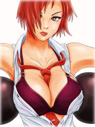 Rule 34 | 1girl, bare shoulders, between breasts, black bra, bra, breasts, cleavage, clothes between breasts, female focus, gloves, jeibii, large breasts, lingerie, lipstick, makeup, necktie, open clothes, open shirt, red hair, shirt, short hair, snk, solo, the king of fighters, unbuttoned, underwear, upper body, vanessa (kof), yellow eyes