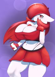 Rule 34 | 1girl, :3, absurdres, alternate color, alternate shiny pokemon, ashraely, bare shoulders, black panties, breasts, cellphone, cleavage, closed mouth, collarbone, colored skin, commission, creatures (company), crop top, female focus, game freak, gardevoir, gen 3 pokemon, glint, gloves, gradient background, groin, hair over one eye, hand up, happy, highleg, highleg panties, highres, holding, holding phone, huge breasts, lens flare, long hair, looking at viewer, matching hair/eyes, midriff, miniskirt, navel, nintendo, panties, phone, pleated skirt, pokemon, pokemon (creature), purple background, red eyes, red gloves, red hair, red shirt, red skirt, shirt, simple background, skirt, smartphone, smile, solo, stomach, thick thighs, thighs, underwear, white skin, wide hips