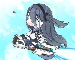Rule 34 | 2girls, aris (blue archive), artist name, black hair, black hairband, blue archive, blue eyes, bright pupils, commentary request, flying, hair between eyes, hairband, halo, jacket, long hair, magnetic weapon, miruha aqin, multiple girls, necktie, one side up, open mouth, railgun, riding, school uniform, shirt, very long hair, white pupils, yuuka (blue archive)