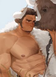 Rule 34 | 1boy, abs, animal, animal ears, bara, chest hair, closed mouth, cow, cow boy, cow ears, cow horns, facial hair, goo (koushishikou11), highres, horns, large pectorals, male focus, muscular, muscular male, nipples, original, pectorals, petting, scar, scar on face, scar on nose, sideburns, upper body