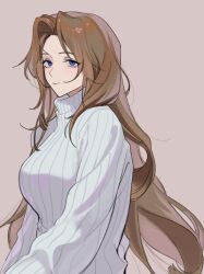 Rule 34 | 1girl, absurdres, bad id, bad twitter id, blue eyes, breasts, brown hair, closed mouth, highres, large breasts, limbus company, long hair, long sleeves, parted lips, project moon, ribbed sweater, rodion (project moon), sidelocks, smile, solo, sweater, szztzzs, turtleneck, turtleneck sweater, very long hair, white sweater