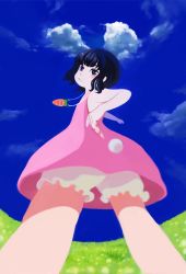 Rule 34 | 1girl, black hair, blue eyes, carrot, carrot necklace, cloud, day, dress, inaba tewi, jewelry, necklace, nihimaru, no ears, no lineart, pendant, pink dress, short hair, sky, solo, sundress, tail, touhou