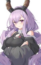 Rule 34 | 1girl, arknights, bare shoulders, breasts, cleavage, cleavage cutout, clothing cutout, crossed arms, highres, horns, long hair, medium breasts, o-ring, purple eyes, purple hair, simple background, solo, typhon (arknights), upper body, very long hair, white background, yukidaruma718