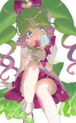 Rule 34 | 1girl, blue eyes, bow, commentary request, dress, frilled dress, frills, gradient hair, green bow, green hair, hair bow, highres, holding, holding microphone, laalulu, long hair, looking at viewer, microphone, multicolored hair, open mouth, pink bow, pink footwear, pretty series, pripara, puffy short sleeves, puffy sleeves, see-through, see-through sleeves, shoes, short sleeves, sitting, smile, socks, solo, tenmoku (poku yoani), twintails, white background, white socks