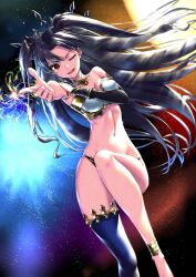 Rule 34 | 1girl, armlet, bikini, black hair, curvy, earrings, elbow gloves, fate/grand order, fate (series), gloves, highres, hoop earrings, ishtar (fate), jewelry, kaijin-m, long hair, long legs, looking at viewer, mismatched bikini, one eye closed, open mouth, red eyes, revealing clothes, single elbow glove, single thighhigh, swimsuit, thighhighs, thong, tiara, two side up, very long hair, wide hips