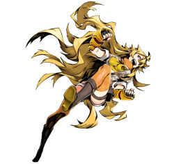 Rule 34 | 1girl, blonde hair, boots, breasts, camouflage, camouflage jacket, cleavage, ember celica (rwby), gauntlets, jacket, long hair, miwa shirow, official art, rwby, very long hair, yang xiao long, zipper
