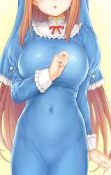 Rule 34 | 1girl, arm at side, blue dress, breasts, brown hair, commentary request, covered navel, cowboy shot, dress, endou hiroto, frilled shirt collar, frills, hand up, head out of frame, highres, large breasts, long hair, long sleeves, original, parted lips, sidelocks, solo, standing, veil, very long hair, yellow background