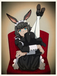 Rule 34 | 1boy, :&lt;, animal nose, black hair, blue sky, chair, chestnut mouth, headhunter rabbit (overlord), highres, legs up, looking at viewer, maid, maid headdress, mari-p, overlord (maruyama), rabbit boy, rabbit ears, scar, sitting, sky, thighhighs, trap, whiskers