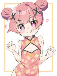 Rule 34 | 1girl, :q, bare arms, bare shoulders, blush stickers, breasts, china dress, chinese clothes, claw pose, cleavage, cleavage cutout, closed mouth, clothing cutout, commentary request, double bun, dress, hair bun, hair ornament, hands up, head tilt, heart, highres, kapuru 0410, looking at viewer, purple eyes, red dress, red hair, sleeveless, sleeveless dress, small breasts, smile, solo, tanemura koyori, tongue, tongue out, watashi ni tenshi ga maiorita!, white background, x hair ornament