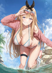 Rule 34 | 1girl, akita hika, bent over, bikini, blonde hair, blue eyes, breasts, cleavage, cloud, cloudy sky, collarbone, covered erect nipples, grin, hanging breasts, heart, heart-shaped eyewear, highres, jacket, large breasts, light blush, long hair, looking at viewer, midriff, open clothes, open jacket, original, outdoors, palm tree, partially submerged, pink jacket, pleated skirt, rock, side-tie bikini bottom, skindentation, skirt, skirt around one leg, sky, smile, solo, standing, standing on one leg, swimsuit, thigh strap, thighs, tree, very long hair, water, white bikini, white skirt