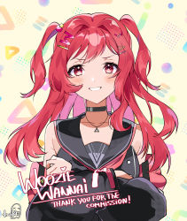 Rule 34 | absurdres, bare shoulders, choker, crossed arms, delinquent, hair ornament, hairclip, highres, jacket, jewelry, myholo tv, necklace, off shoulder, open clothes, open jacket, red hair, school uniform, smirk, two side up, virtual youtuber, wakiobake, woozie wannai