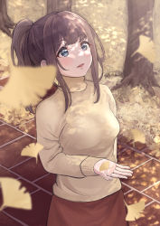 Rule 34 | 1girl, arhah, autumn, autumn leaves, beige sweater, blue eyes, blunt bangs, blush, breasts, brick road, brown hair, brown skirt, commentary, dappled sunlight, hand up, highres, leaf, long sleeves, looking away, looking up, maple leaf, medium breasts, medium hair, open mouth, original, parted bangs, ponytail, skirt, solo, sunlight, sweater, tree, turtleneck, turtleneck sweater, upper body