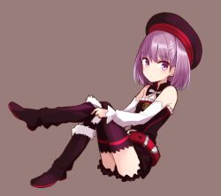 Rule 34 | 1girl, bare shoulders, belt, black thighhighs, blush, detached sleeves, fate/grand order, fate (series), hat, helena blavatsky (fate), looking at viewer, purple eyes, purple hair, quro (black river), short hair, solo, strapless, thighhighs, sefirot