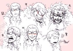 Rule 34 | !?, 1boy, ?, angry, blonde hair, blush, donquixote doflamingo, earrings, feather coat, greyscale, hand on own chin, jewelry, kanji, mawari28, monochrome, one piece, open clothes, open mouth, pink background, portrait, shirt, short hair, smile, sunglasses, teeth, variations, white shirt