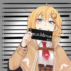 Rule 34 | 1girl, barbie mugshot (meme), blonde hair, blue eyes, blush, bob cut, brown capelet, capelet, character name, collared shirt, detective, gear hair ornament, grin, hair ornament, height chart, height mark, highres, holding, holding sign, hololive, hololive english, long sleeves, looking at viewer, meme, mittsu, mugshot, necktie, prison, prisoner, red necktie, shirt, short hair, short necktie, sign, smile, upper body, virtual youtuber, watson amelia, watson amelia (1st costume), white shirt, yellow nails