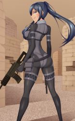 Rule 34 | 1girl, :p, ass, assault rifle, black hair, blue eyes, bodysuit, breasts, dual wielding, facial mark, from behind, full body, gun, half-closed eyes, highres, holding, looking back, pitohui (sao), ponytail, rifle, shaito, standing, sword art online, sword art online alternative: gun gale online, tongue, tongue out, weapon