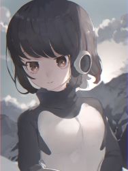 Rule 34 | 10s, 1girl, adelie penguin (kemono friends), black hair, blurry, brown eyes, brown hair, cloud, cloudy sky, commentary, depth of field, expressionless, headphones, highres, kemono friends, looking at viewer, mochorinpun, mountain, multicolored hair, sky, solo, turtleneck, two-tone hair, upper body