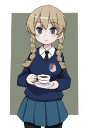 Rule 34 | 10s, 1girl, alternate hairstyle, black necktie, black pantyhose, blonde hair, blue eyes, blue skirt, blue sweater, blush, braid, closed mouth, commentary, cowboy shot, cup, darjeeling (girls und panzer), dress shirt, emblem, girls und panzer, grey background, hair down, hair over shoulder, holding, holding cup, holding saucer, light blush, long hair, long sleeves, looking at viewer, miniskirt, necktie, nogitatsu, outside border, pantyhose, pinky out, pleated skirt, saucer, school uniform, shirt, short hair, simple background, skirt, smile, solo, st. gloriana&#039;s (emblem), st. gloriana&#039;s school uniform, standing, sweater, tea, teacup, twin braids, v-neck, white shirt, wing collar