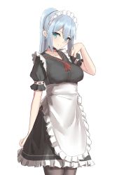 Rule 34 | 1girl, apron, black dress, blue eyes, blue hair, blush, breasts, closed mouth, dress, elfenlied22, frills, highres, large breasts, long hair, looking at viewer, maid headdress, original, ponytail, puffy short sleeves, puffy sleeves, short sleeves, simple background, smile, solo, thighs, waist apron, white apron, white background, wrist cuffs