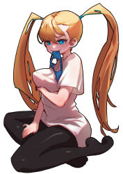 Rule 34 | 1girl, black pantyhose, blonde hair, blue eyes, breast hold, breast lift, breasts, casual, fang, highres, hiroshi (hiroshixhiss), long hair, looking at viewer, mask, unworn mask, medium breasts, mouth hold, pantyhose, rainbow mika, shirt, sitting, solo, street fighter, t-shirt, twintails, very long hair, white background, white shirt, wrestling mask