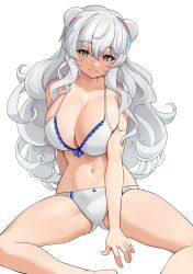 Rule 34 | 1girl, ajidot, alternate eye color, animal ears, arknights, bare arms, bare shoulders, bear ears, bikini, breasts, cleavage, commentary request, grey eyes, highres, huge breasts, long hair, navel, rosa (arknights), simple background, sitting, solo, stomach, swimsuit, thighs, very long hair, white background, white bikini, white hair