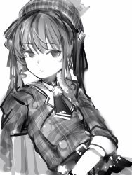 Rule 34 | 1girl, bad id, bad pixiv id, belt, buttons, checkered clothes, checkered jacket, double-breasted, greyscale, hat, highres, hololive, hoshimachi suisei, hoshimachi suisei (1st costume), jacket, leaning back, long hair, long sleeves, looking at viewer, monochrome, nanashi (nlo), necktie, parted lips, plaid, short necktie, simple background, solo, upper body, virtual youtuber, white background