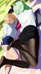Rule 34 | 2girls, ass, black footwear, black pantyhose, black skirt, blonde hair, blue skirt, closed eyes, commentary, cushion, english commentary, feet up, grass, green hair, grin, high heels, highres, horns, legs, light blush, long sleeves, lying, multiple girls, nahia (some1else45), no shoes, on side, on stomach, original, outdoors, pantyhose, pencil skirt, sekoshi (some1else45), shirt, shirt tucked in, shoes, short hair, skirt, smile, some1else45, unworn shoes, white shirt