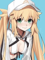 Rule 34 | 1girl, ameman, artoria caster (fate), artoria caster (swimsuit) (fate), artoria caster (swimsuit) (first ascension) (fate), artoria pendragon (fate), baseball cap, bikini, blonde hair, blue background, blush, breasts, cleavage, closed mouth, commentary request, cropped jacket, fate/grand order, fate (series), flying sweatdrops, green eyes, hair between eyes, hat, highres, jacket, long hair, long sleeves, looking at viewer, medium breasts, navel, simple background, smile, solo, stomach, sweatdrop, swimsuit, twintails, very long hair, white bikini, white hat, white jacket