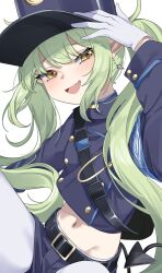 Rule 34 | 1girl, belt, black belt, black hat, black jacket, black shorts, black tail, blue archive, blush, demon tail, earrings, fang, gloves, green hair, hat, nozomi (blue archive), highres, jacket, jewelry, long hair, long sleeves, looking at viewer, navel, open mouth, pantyhose, peaked cap, pointy ears, shorts, simple background, smile, solo, tail, twintails, wakamepiza, white background, white gloves, white pantyhose, yellow eyes