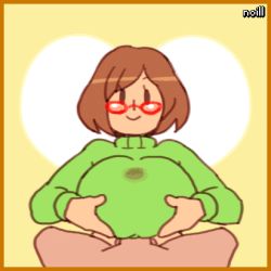 Rule 34 | 1boy, 1girl, animated, animated gif, breasts, brown hair, clothed sex, cum, cum on clothes, glasses, hetero, huge breasts, looking at viewer, lowres, nikki (swapnote), nintendo, noill, paizuri, paizuri under clothes, penis, penis under another&#039;s clothes, plump, pov, short hair, swapnote, sweater, testicles, turtleneck, uncensored