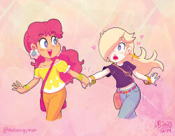 Rule 34 | 2girls, bag, blonde hair, blue eyes, blush, breasts, brown hair, comic, earrings, flower earrings, grin, hair over one eye, handbag, heart, holding hands, jewelry, lipstick, long hair, looking at another, makeup, mario (series), multiple girls, navel, nintendo, open mouth, princess daisy, puffy short sleeves, puffy sleeves, rosalina, short sleeves, small breasts, smile, spoken heart, super mario galaxy, super mario land, thebourgyman, walking, yuri
