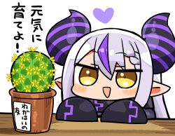 Rule 34 | 1girl, braid, cactus, chibi, grey hair, heart, hololive, horns, kanikama, la+ darknesss, la+ darknesss (1st costume), multicolored hair, open mouth, plant, pointy ears, potted plant, purple hair, sleeves past fingers, sleeves past wrists, smile, solo, streaked hair, striped horns, translation request, two-tone hair, virtual youtuber, yellow eyes