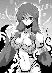 Rule 34 | 1girl, aura, bikini, bio lab, breasts, bridal gauntlets, cleavage, commentary request, detached sleeves, eighth note, emon-yu, gem, greyscale, gypsy (ragnarok online), jewelry, large breasts, long hair, looking at viewer, monochrome, musical note, navel, necklace, ragnarok online, sequins, sidelocks, smile, solo, staff (music), strapless, strapless bikini, swimsuit, trentini, upper body
