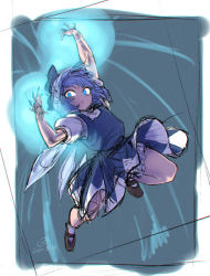 Rule 34 | 1girl, arm up, black bow, blue dress, blue eyes, blue hair, bow, brown footwear, buruma, cirno, dated, dress, energy ball, flat chest, flying, full body, hair bow, ice, ice wings, mary janes, petticoat, powering up, puffy short sleeves, puffy sleeves, shoes, short hair, short sleeves, signature, sketch, socks, solo, spacezin, touhou, white buruma, white socks, wings