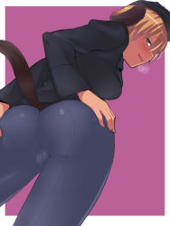 Rule 34 | 10s, 1girl, animal ears, ass, back-seamed legwear, black pantyhose, blonde hair, blush, brave witches, breath, brown eyes, cameltoe, crotch, dog ears, dog tail, em (totsuzen no hakike), from behind, from below, hands on own hips, hat, heavy breathing, looking at viewer, looking back, military, military uniform, naughty face, open mouth, outside border, pantyhose, profile, purple background, seamed legwear, short hair, simple background, smile, solo, standing, strike witches, tail, uniform, waltrud krupinski, world witches series